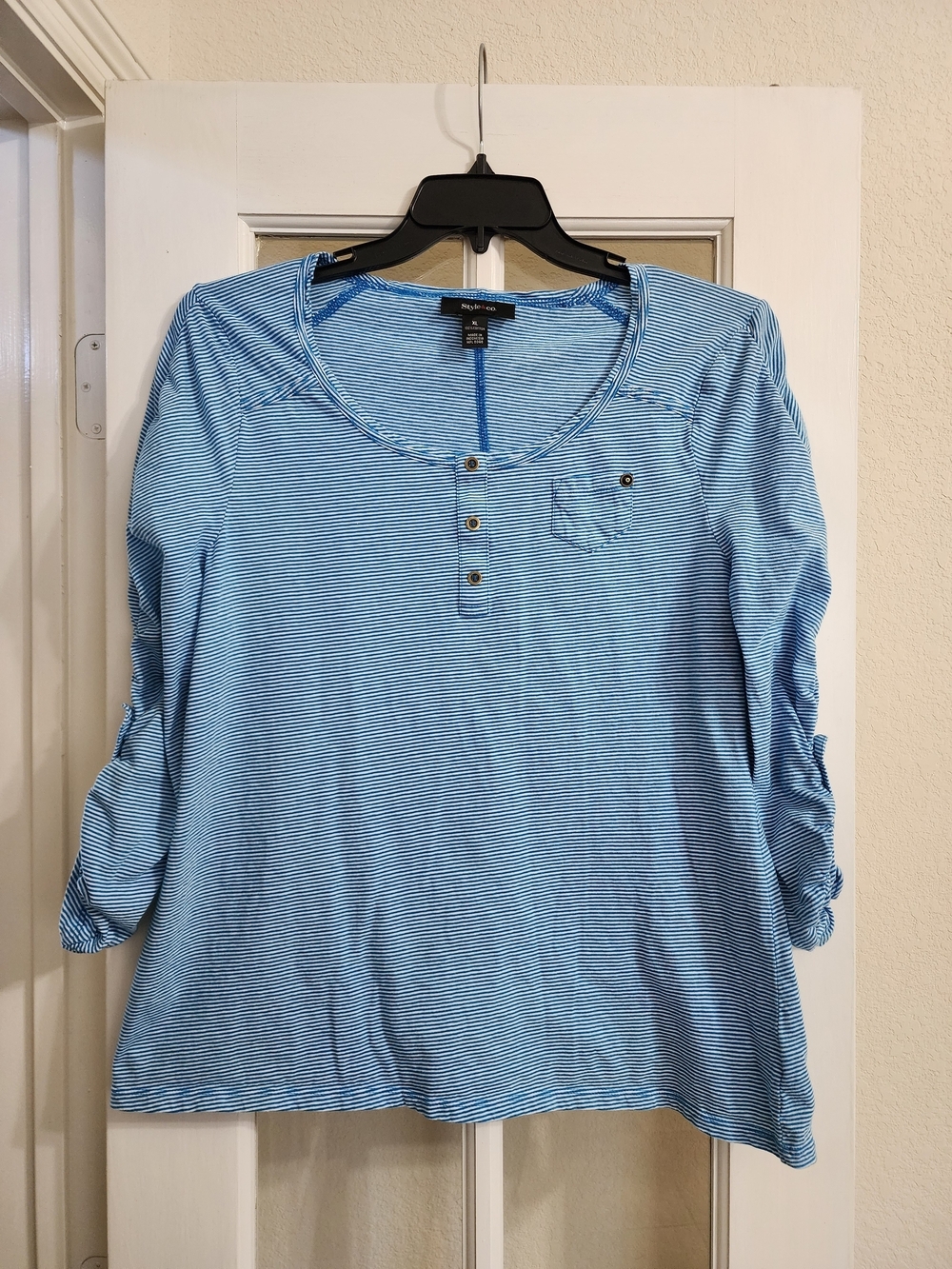Style & Co Blue White Striped Roll Tab Henley Top XL Coastal Cotton
